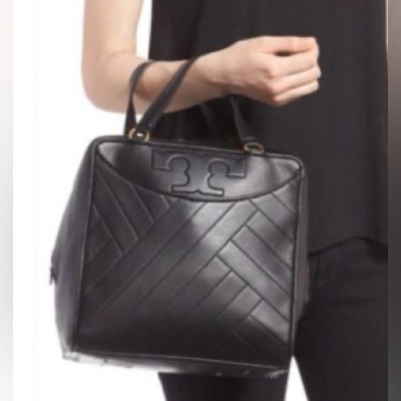 Tory Burch Alexa Satchel In Black Leather with Gold Accents - Picture 3 of 11